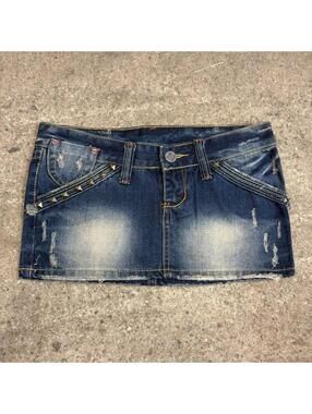 Vintage Y2K Denim Micro Mini Skirt Low Rise DW Union Jack Studded